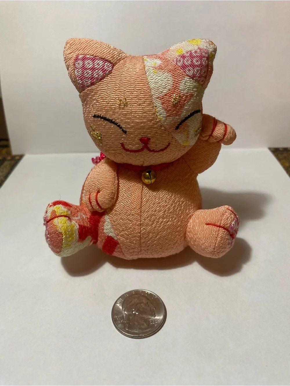 Peach Fabric Lucky Cat Key & Card Holder Charm